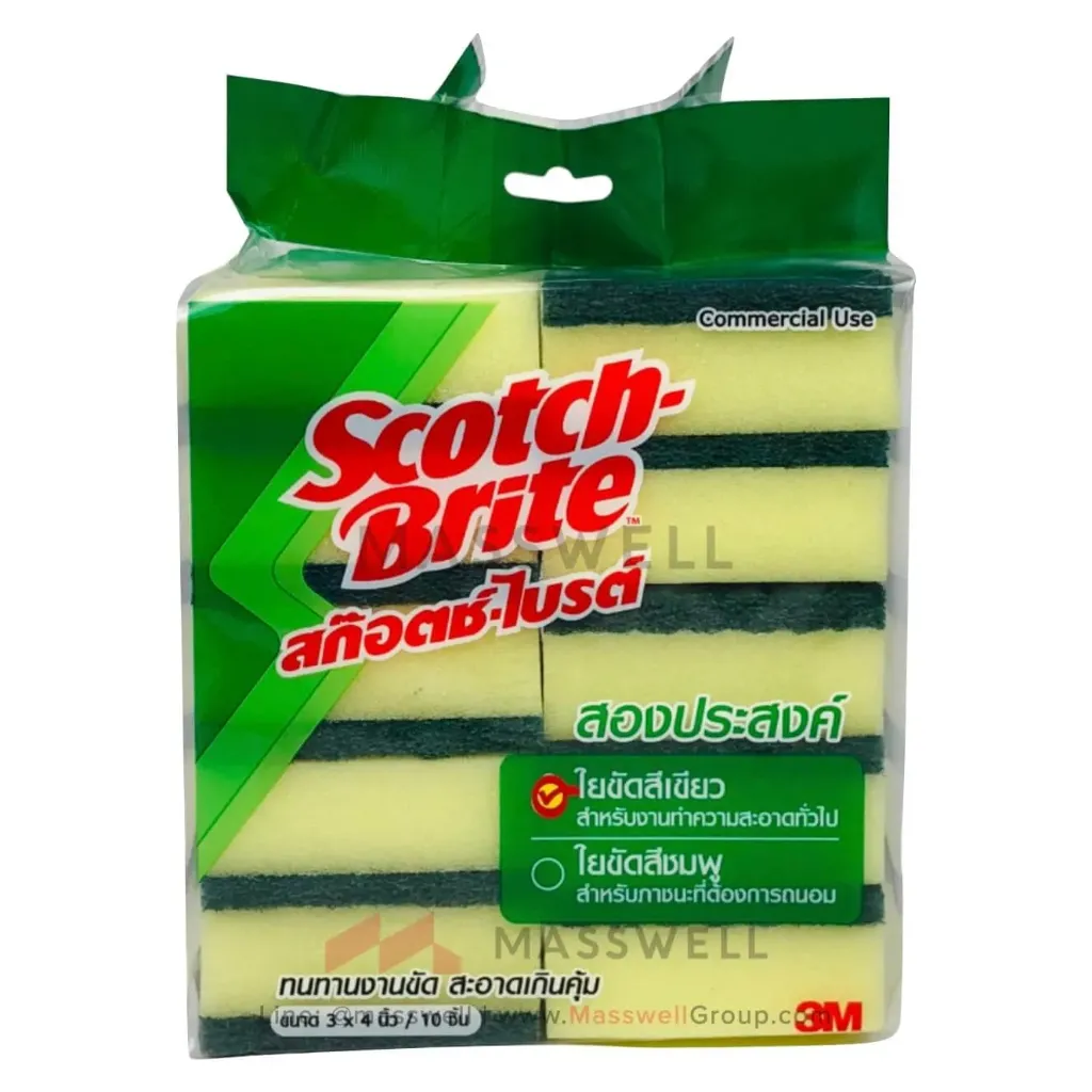 [3M-7012809505] 3M Scotch-Brite แผ่นใยขัด No. 96 (สีเขียว) แบบติดฟองน้ำ หนา 3.2 ซม. (10 ชิ้น)